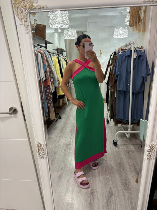 Vestido Martha verde y fucsia