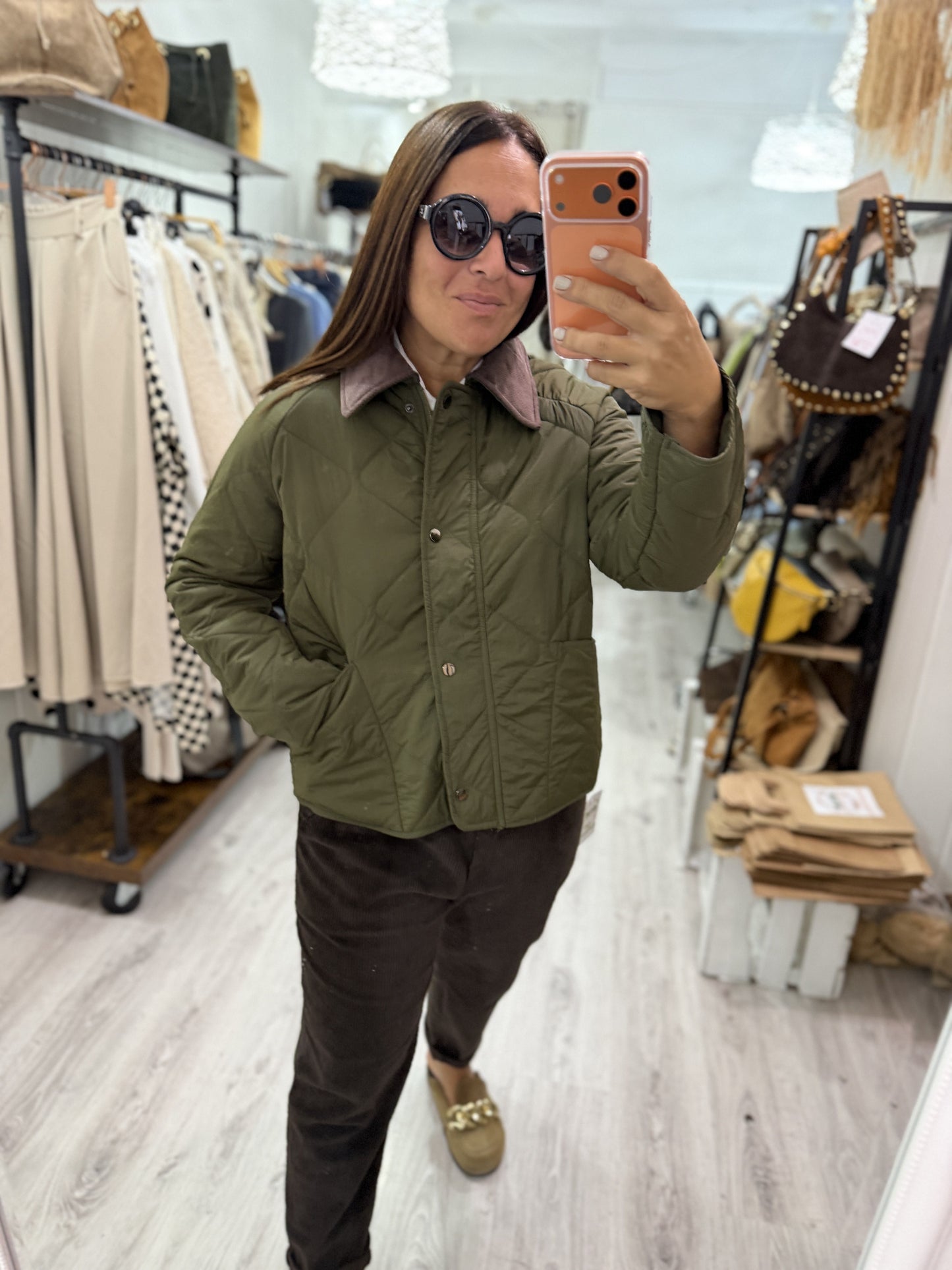 Chaqueta Acolchada cuello pana kaki