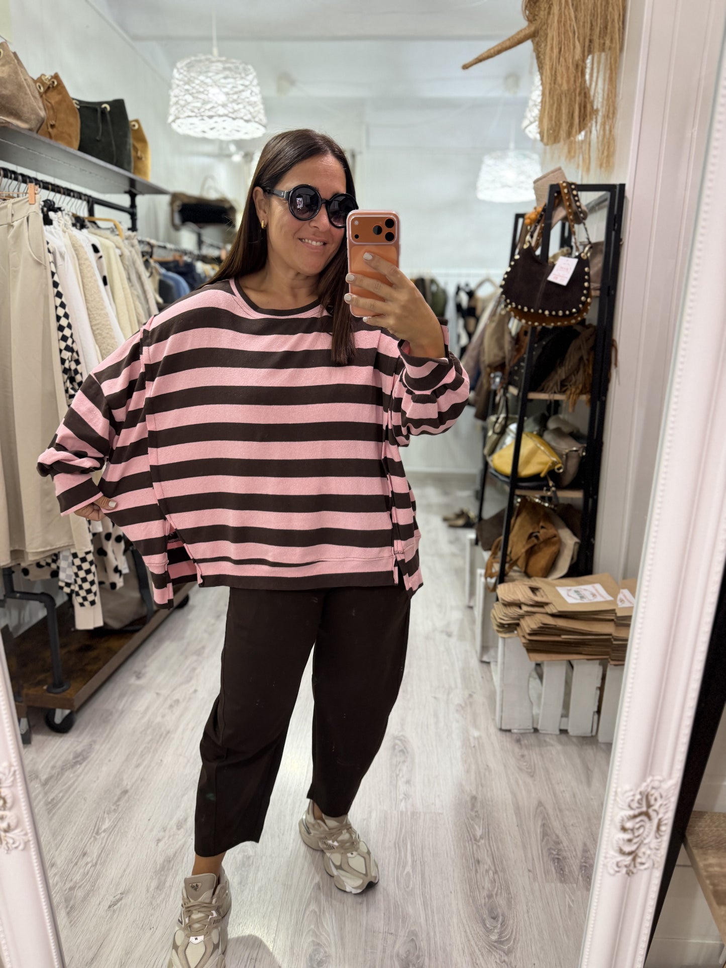 Sudadera Rugby oversize rosa y chocolate