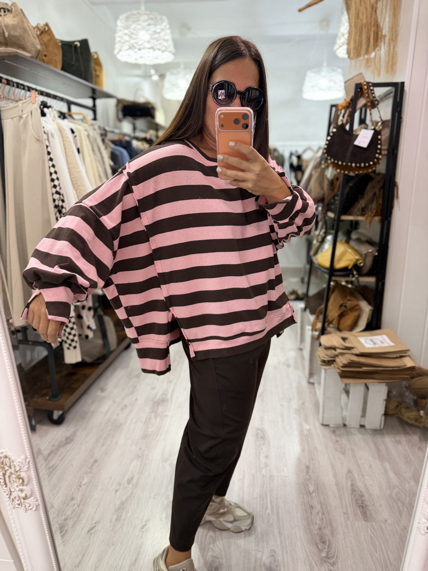 Sudadera Rugby oversize rosa y chocolate