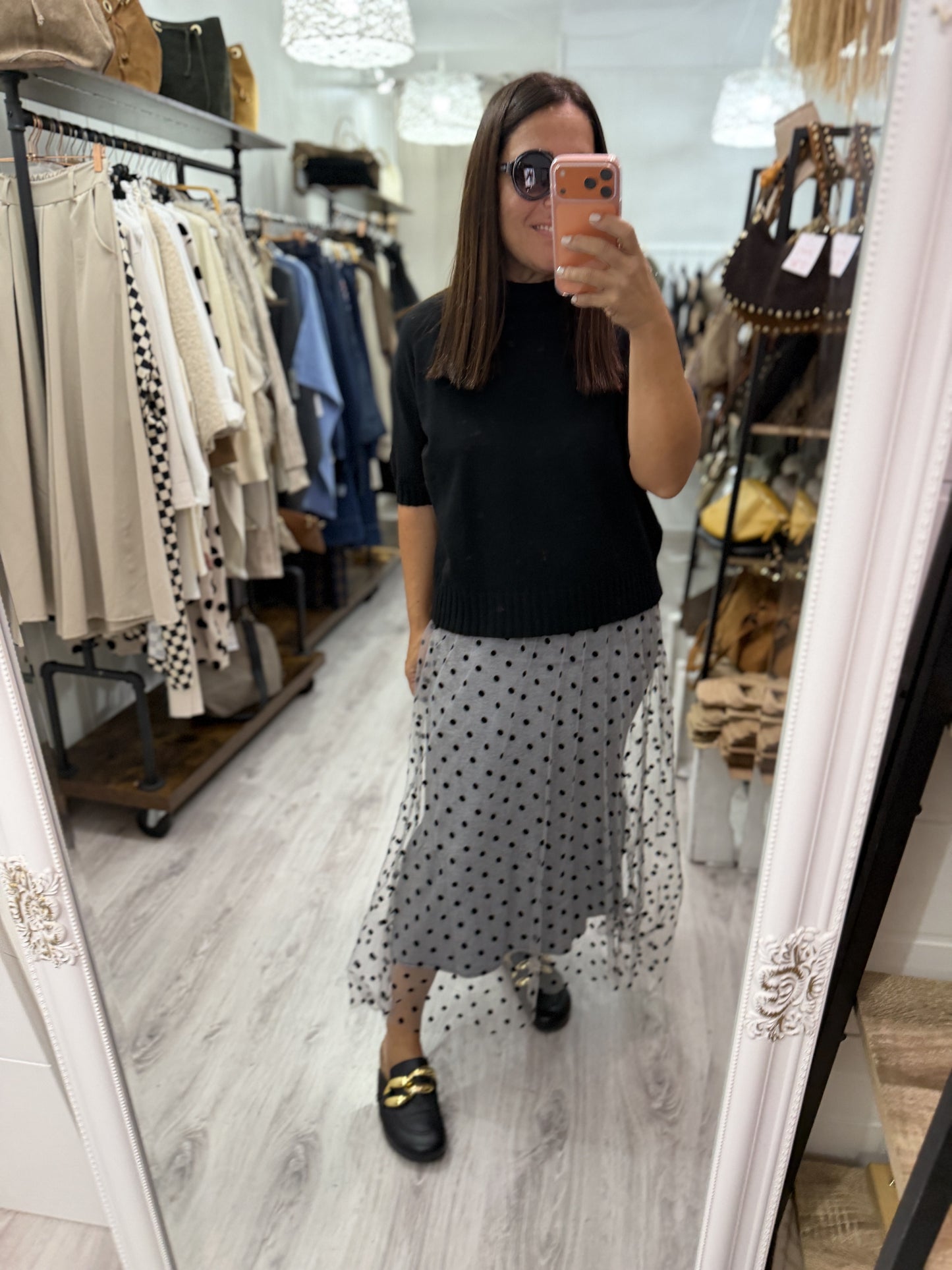 Falda Topos punto y tul gris