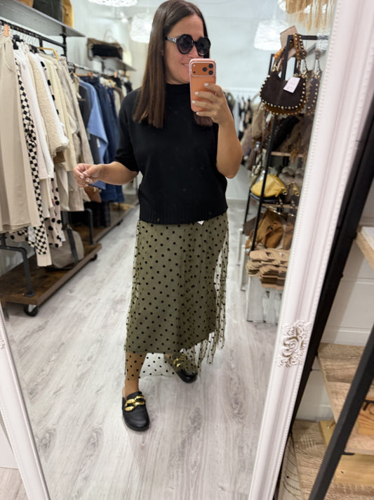 Falda Topos punto y tul kaki