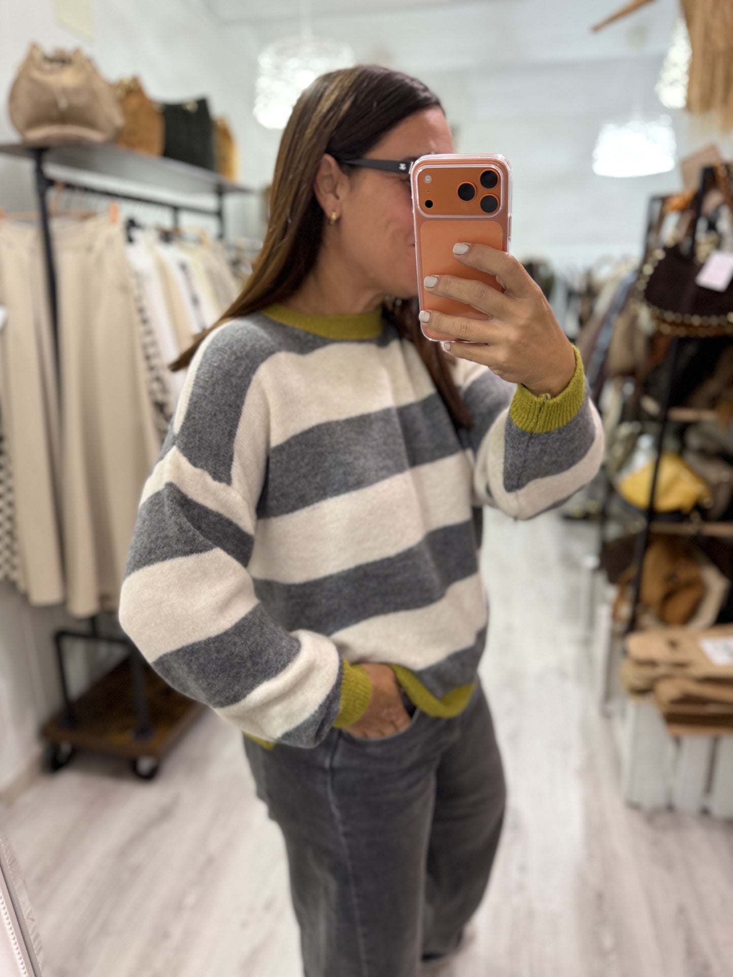 Jersei Anka rayas gris y pistacho