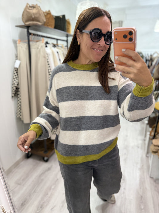 Jersei Anka rayas gris y pistacho