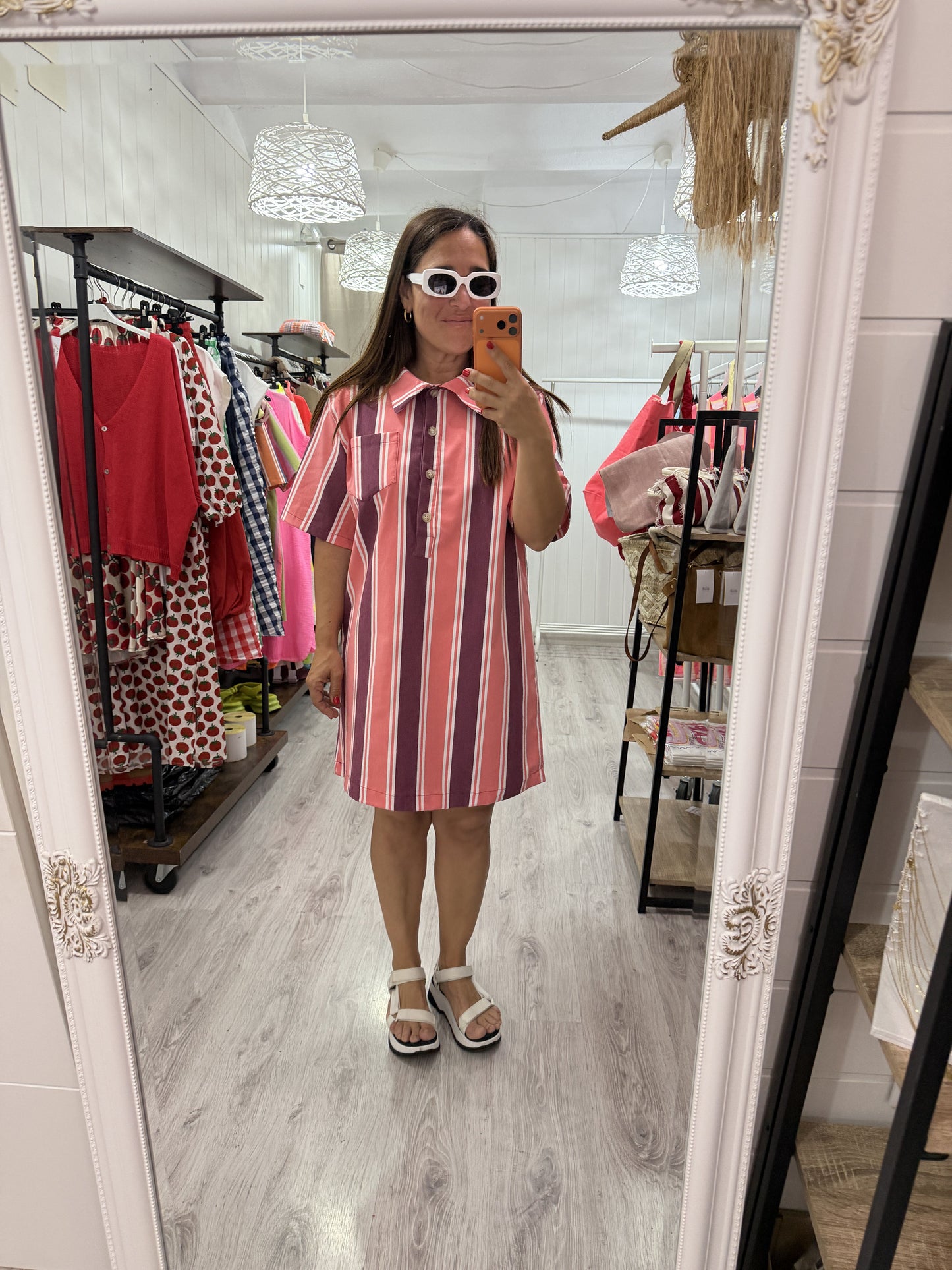 Vestido Lisboa salmón y burdeos