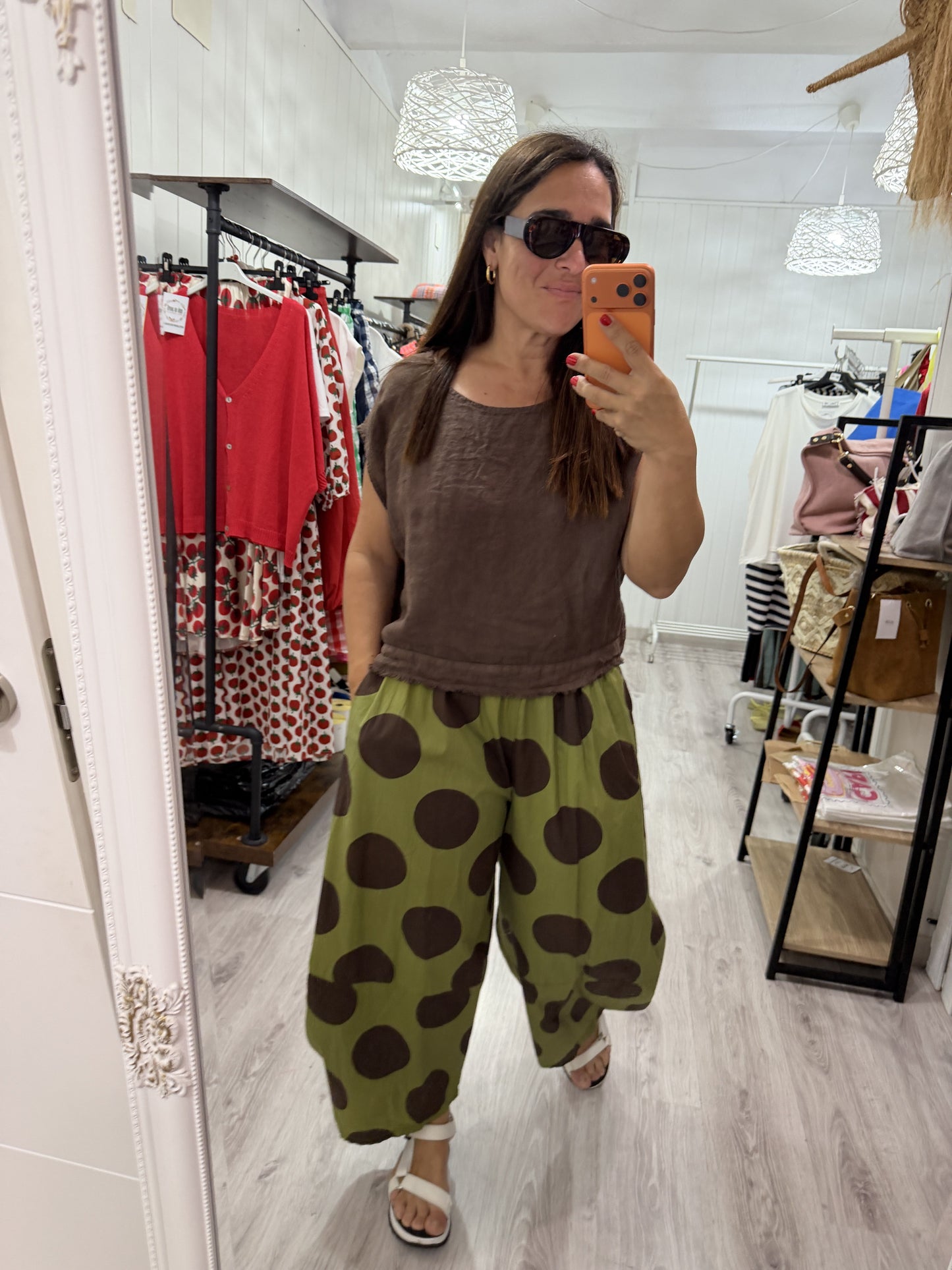 Pantalón Corfú topos chocolate y pistacho