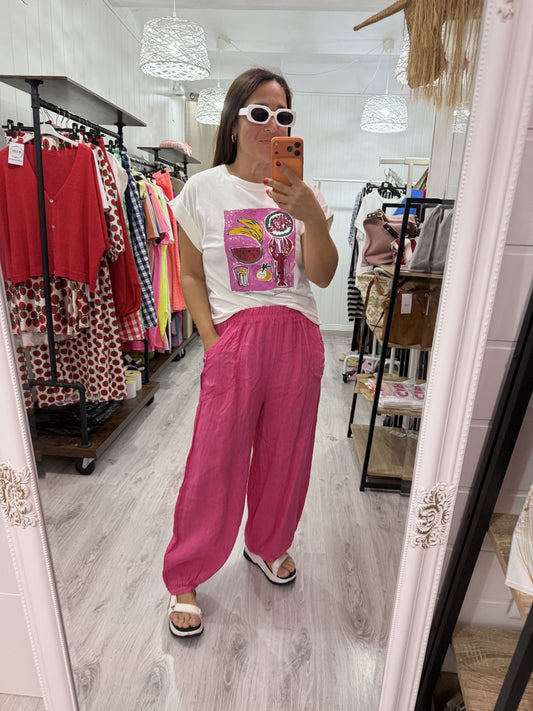 Pantalón Lino Botoncitos fucsia