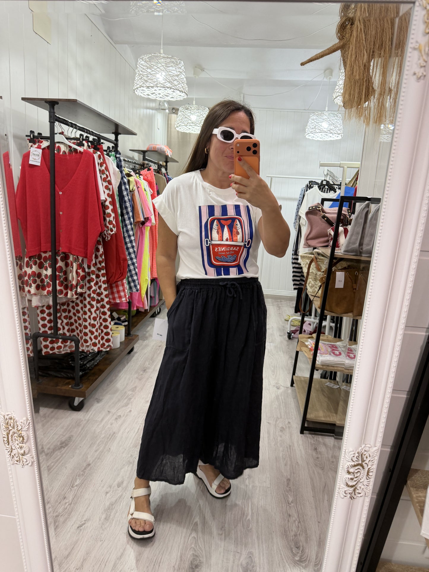 Pantalón efecto falda lino marino