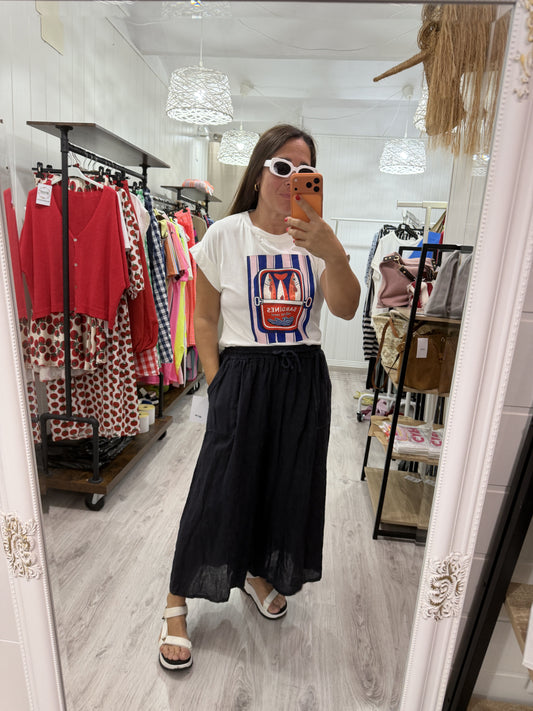 Pantalón efecto falda lino marino