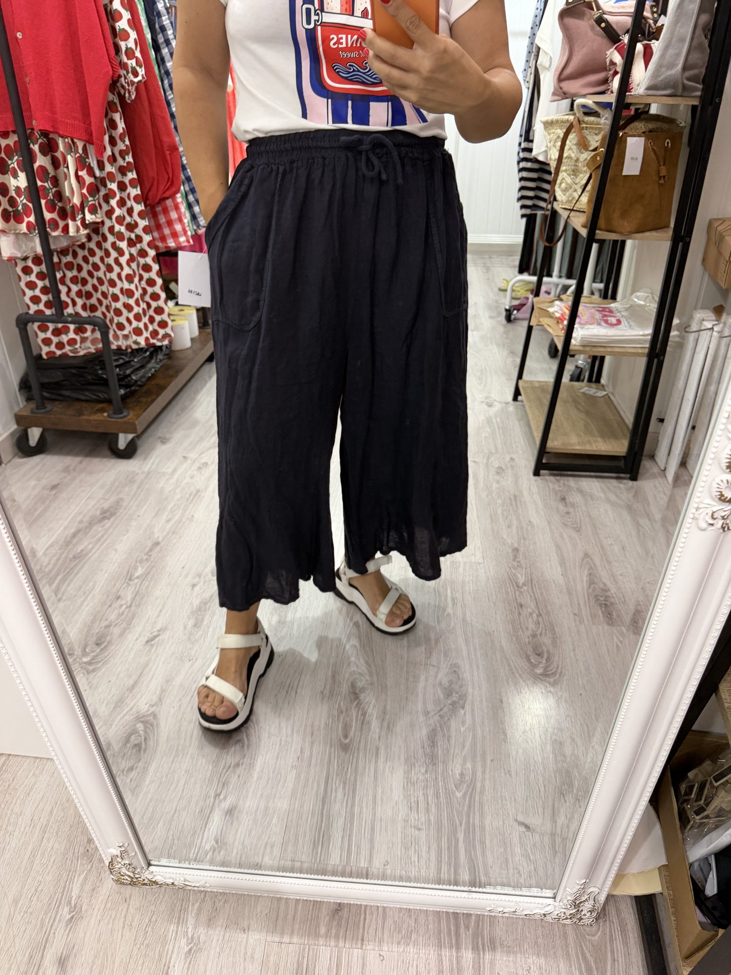 Pantalón efecto falda lino marino