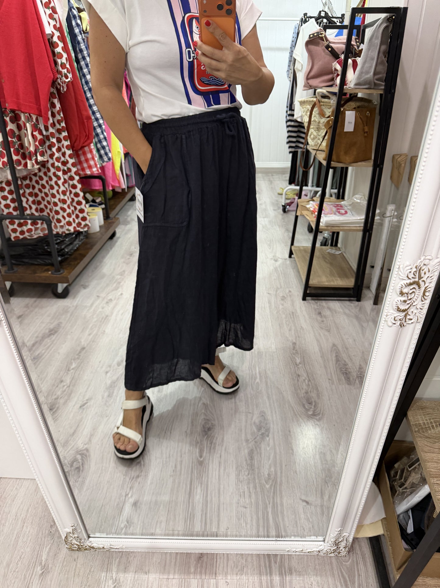 Pantalón efecto falda lino marino