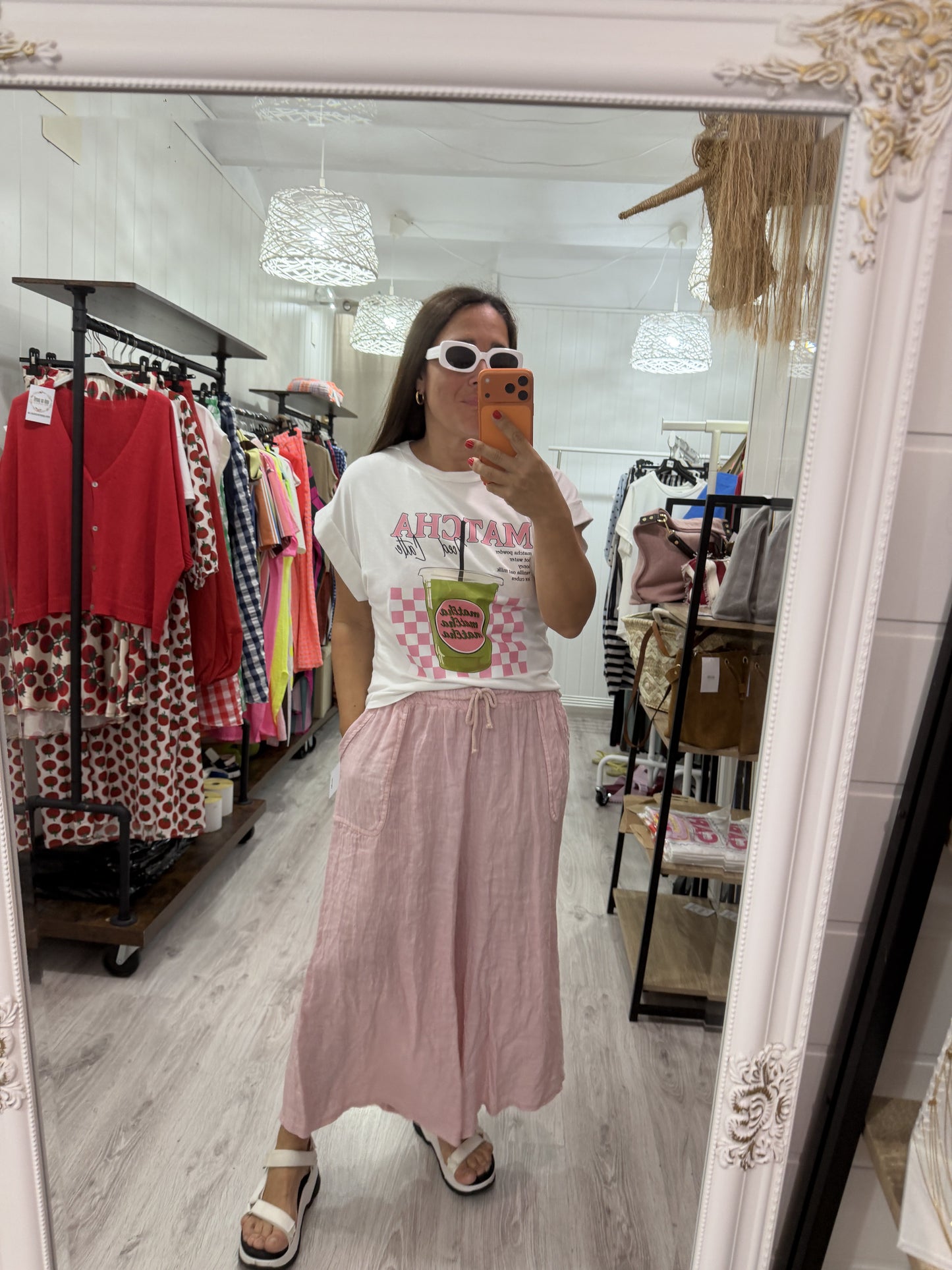 Pantalón efecto falda lino rosa