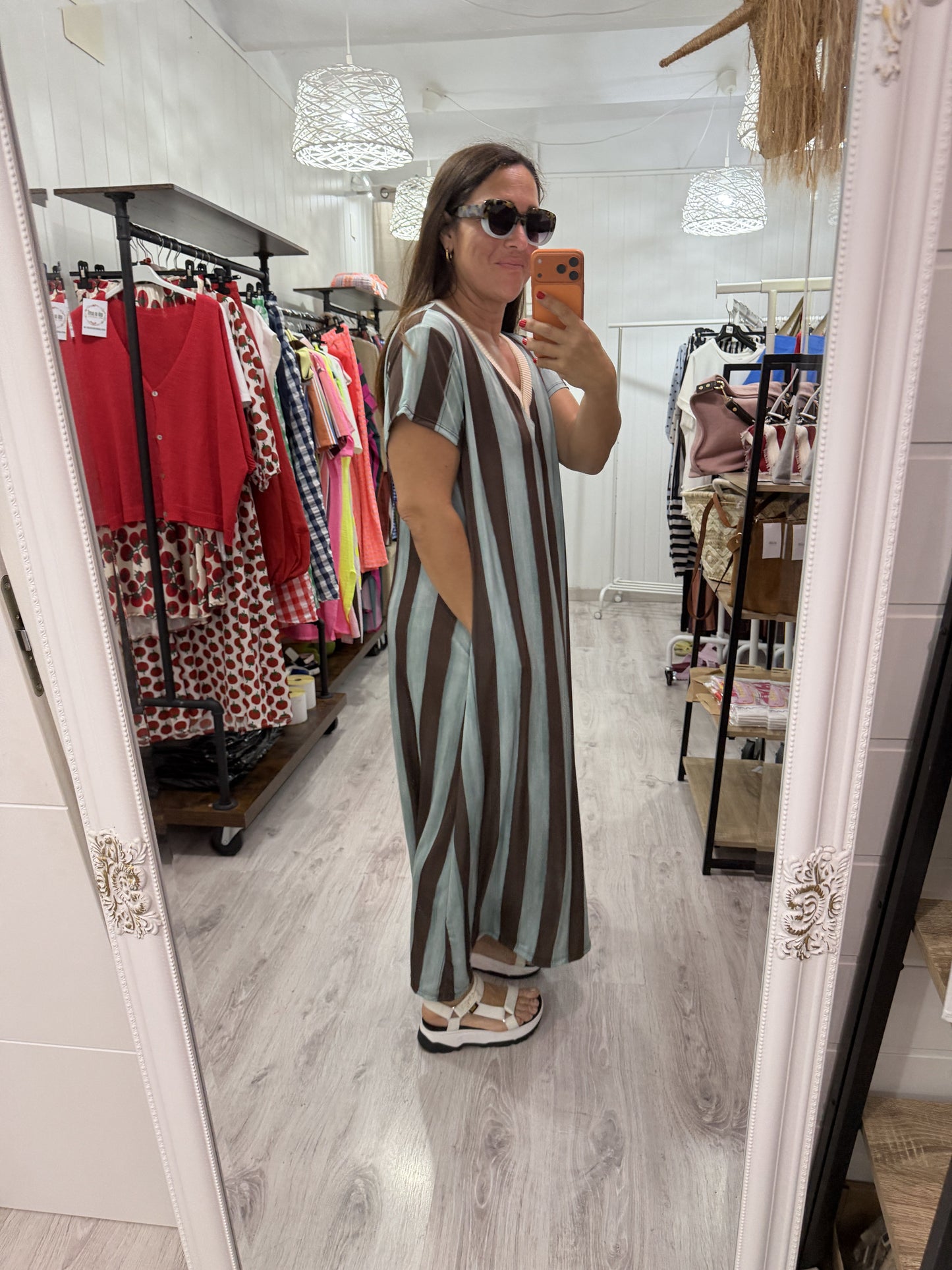 Vestido Licra fría oversize rayas mint y choco