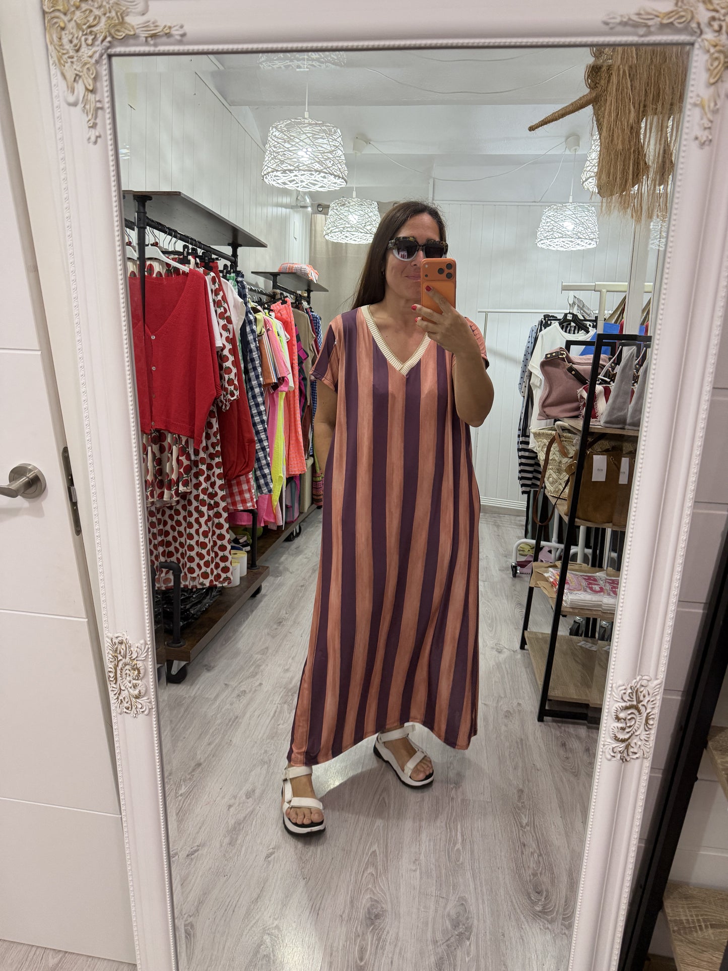 Vestido Licra fría oversize rayas naranja y berenjena