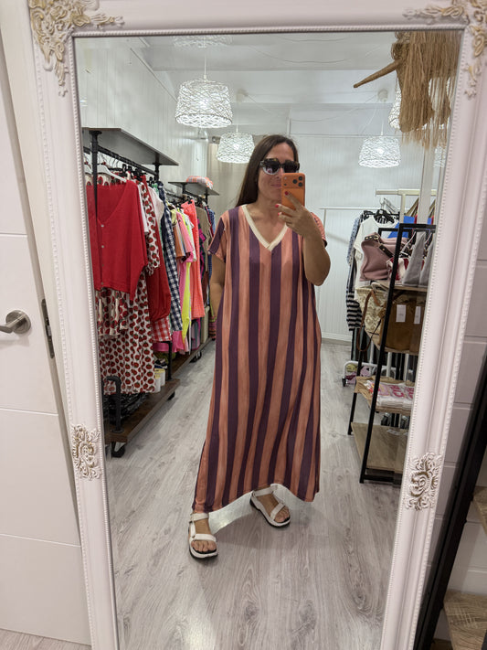 Vestido Licra fría oversize rayas naranja y berenjena