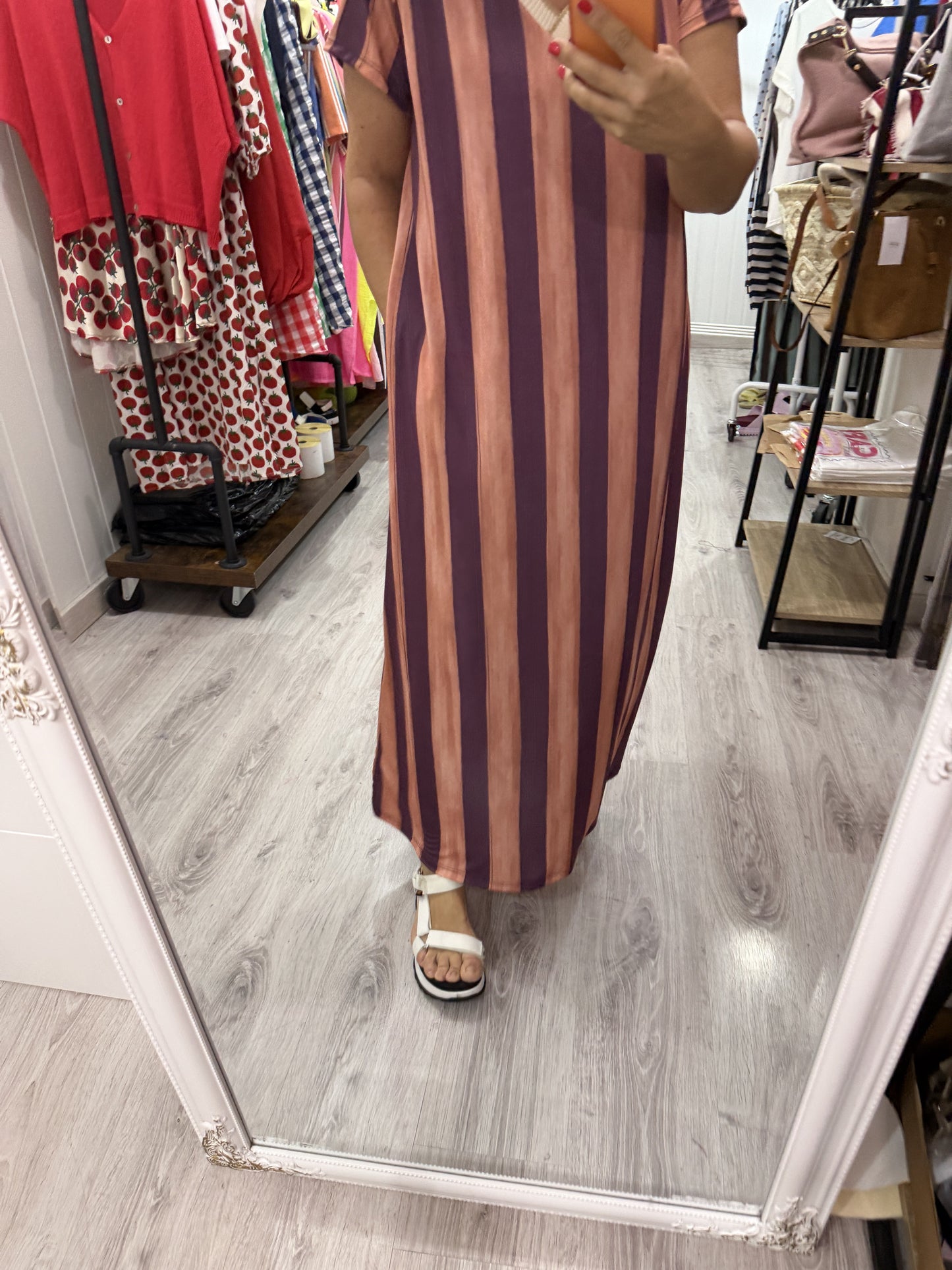 Vestido Licra fría oversize rayas naranja y berenjena