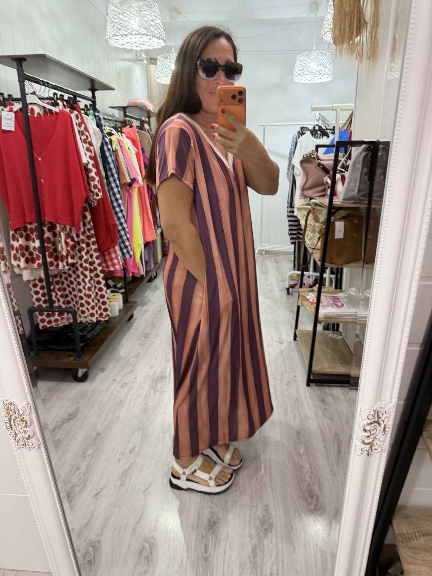 Vestido Licra fría oversize rayas naranja y berenjena