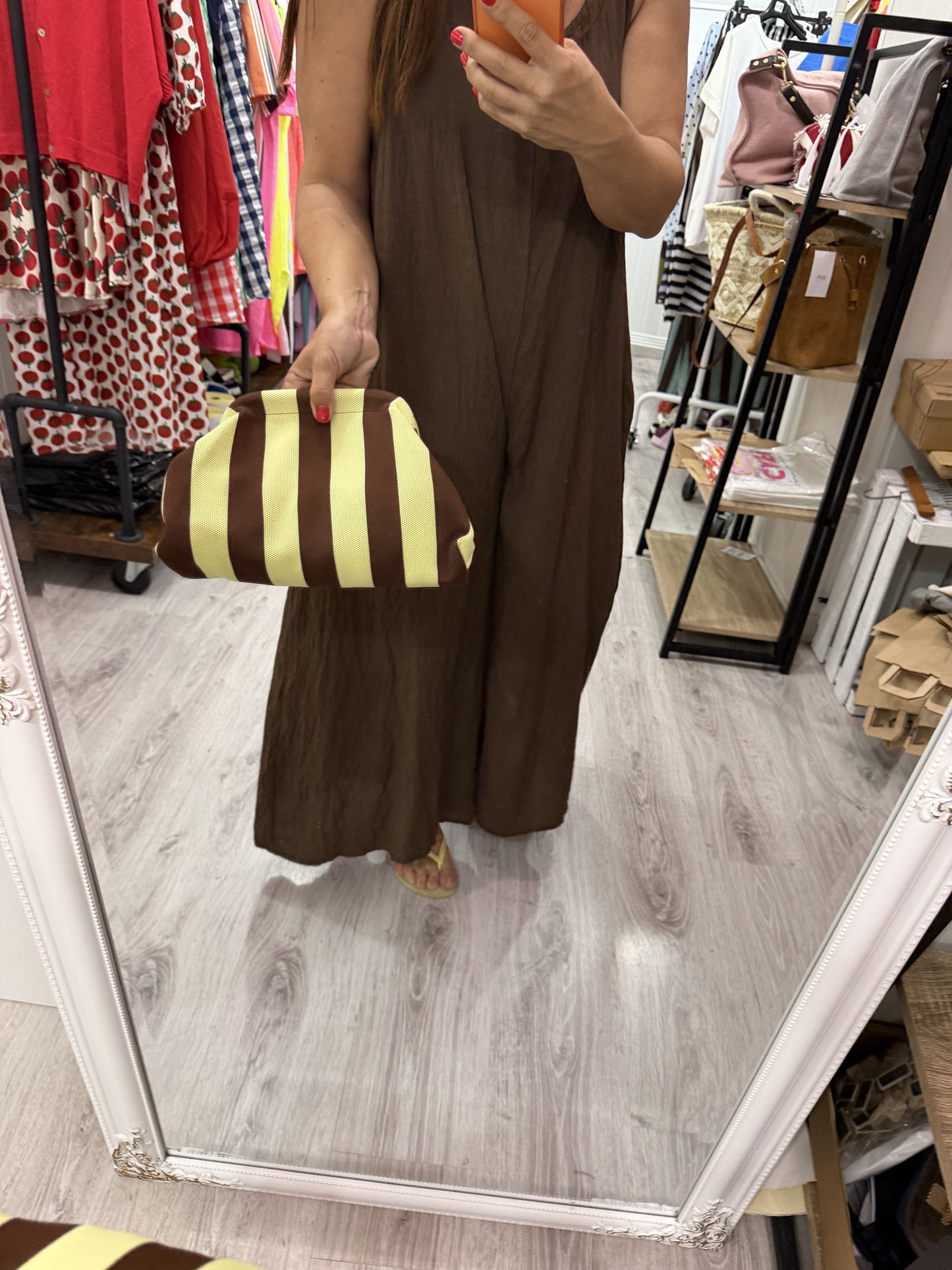 Bolso mano y bandolera Rayas chocolate y amarillo