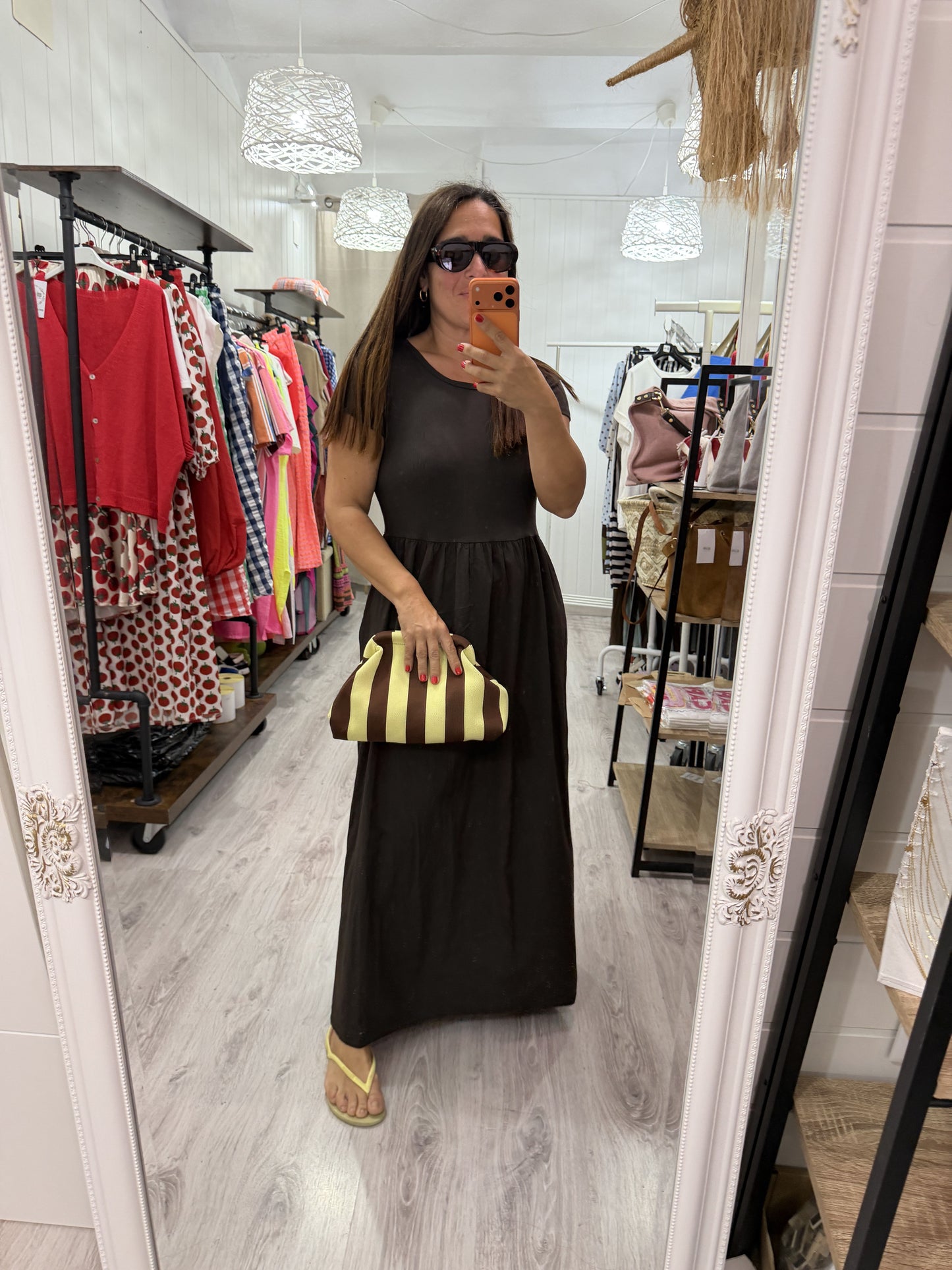 Bolso mano y bandolera Rayas chocolate y amarillo