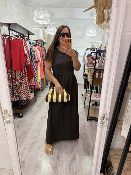 Bolso mano y bandolera Rayas chocolate y amarillo