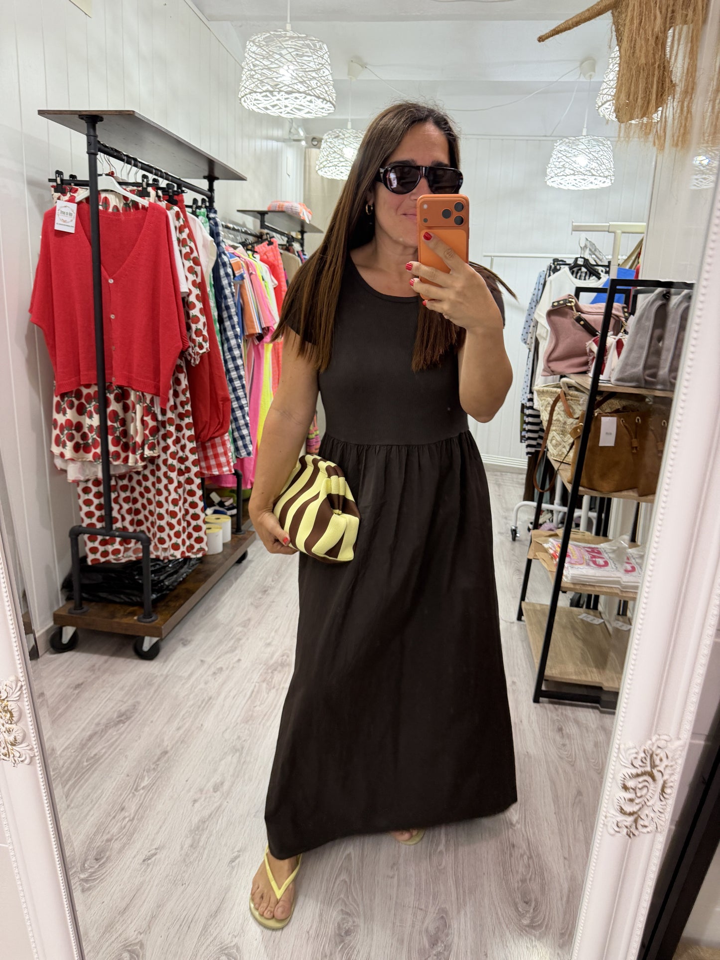 Bolso mano y bandolera Rayas chocolate y amarillo
