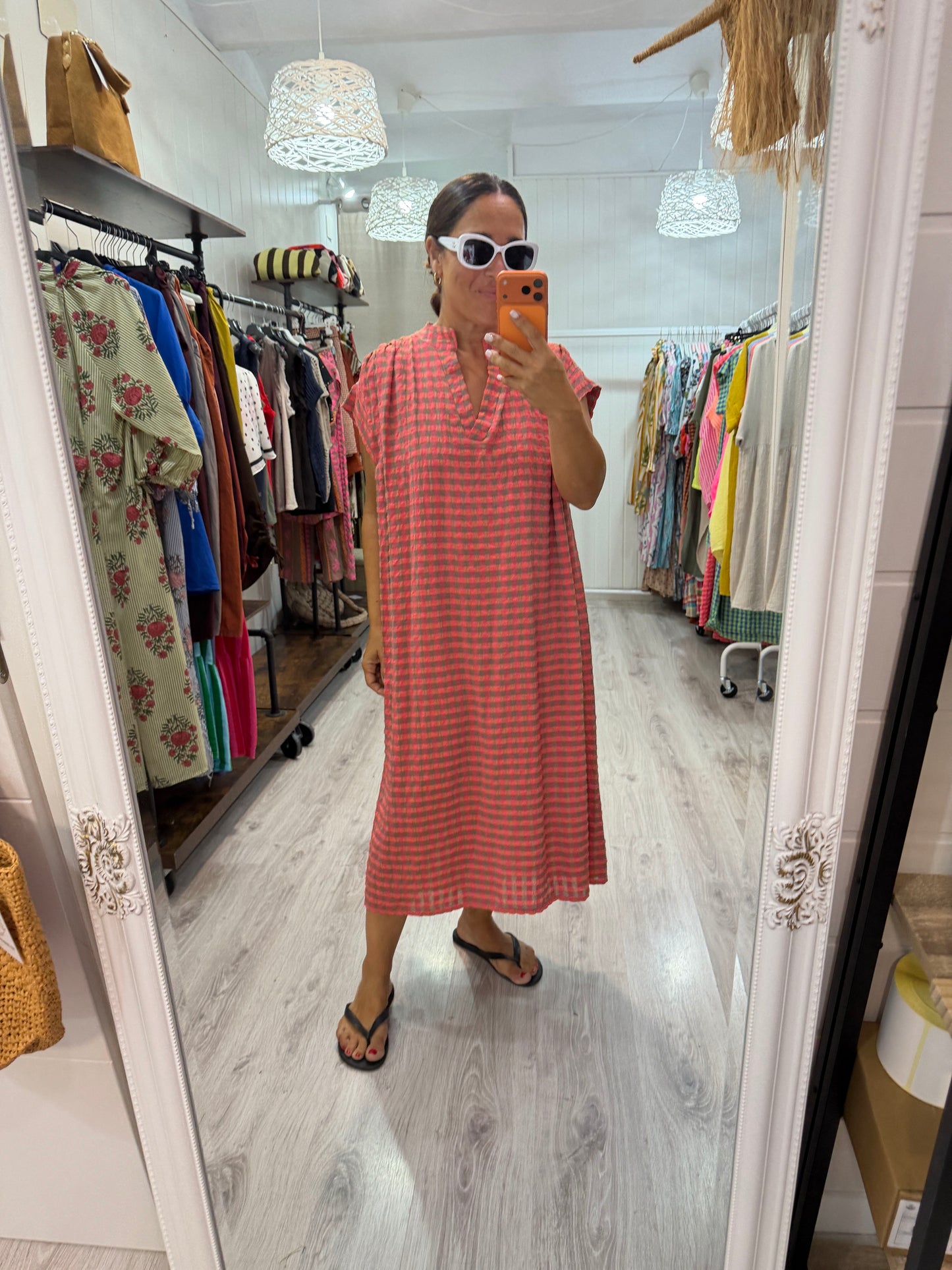 Kaftan Vichy fluor taupe y coral