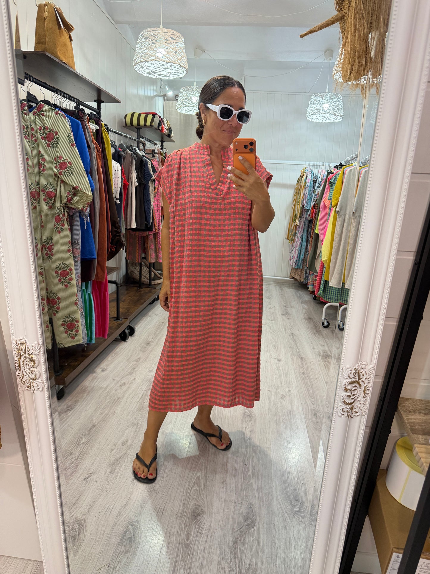 Kaftan Vichy fluor taupe y coral