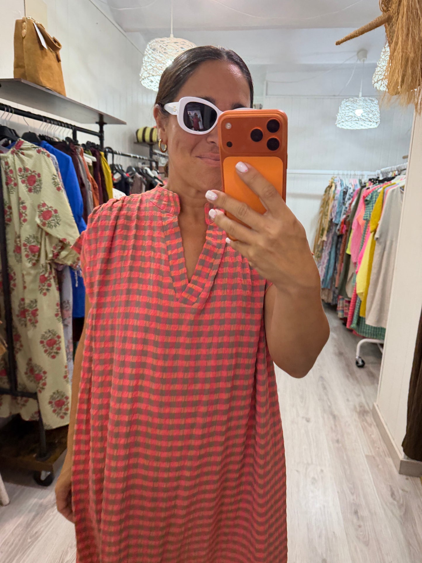 Kaftan Vichy fluor taupe y coral