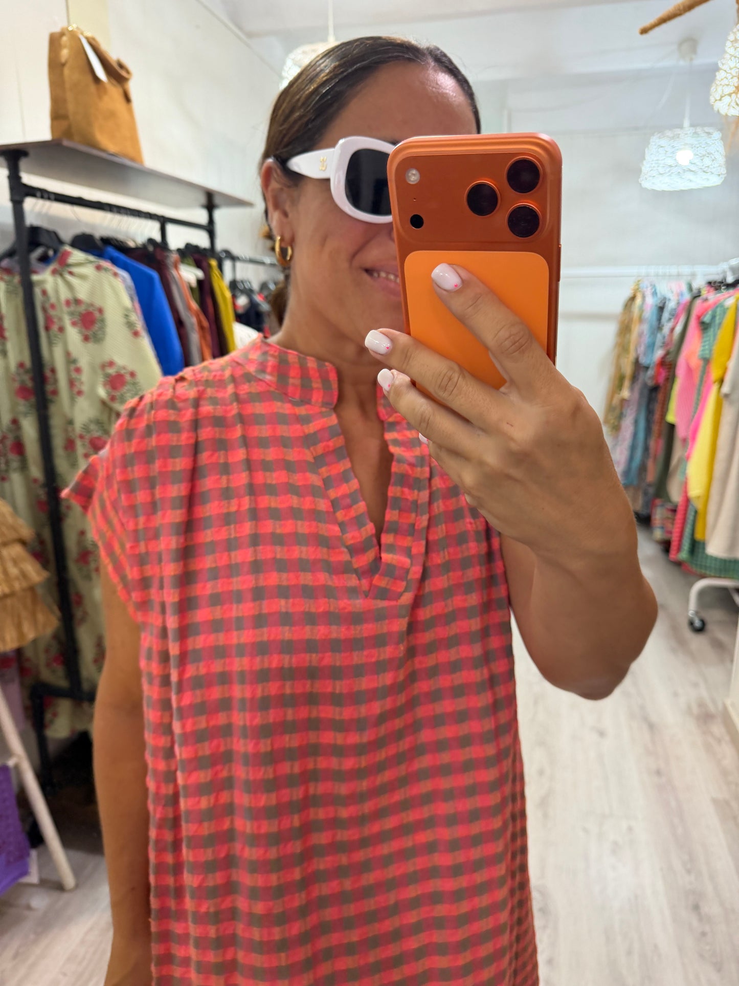 Kaftan Vichy fluor taupe y coral