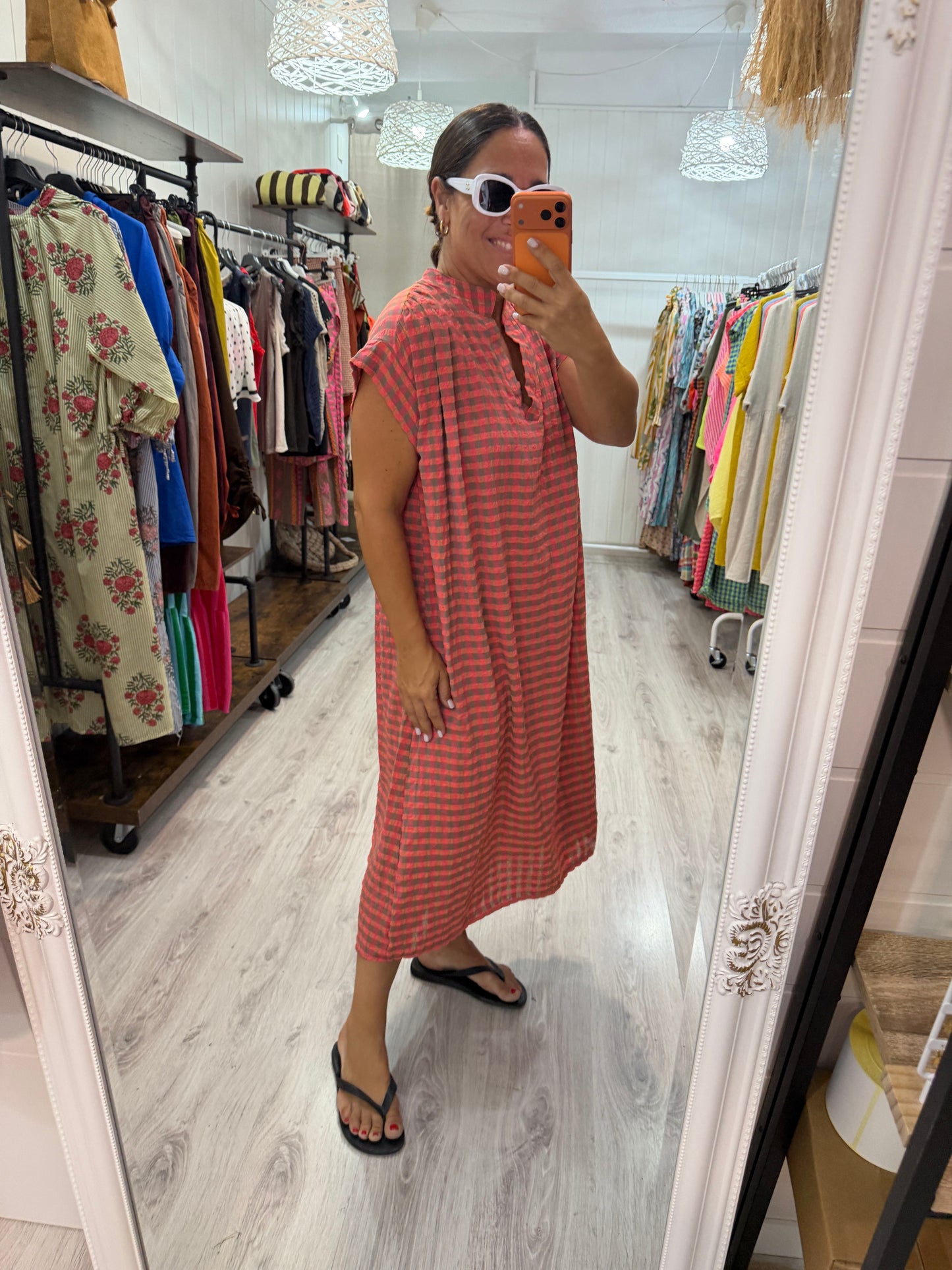 Kaftan Vichy fluor taupe y coral