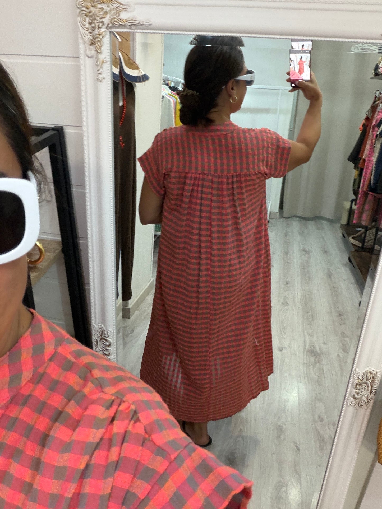 Kaftan Vichy fluor taupe y coral