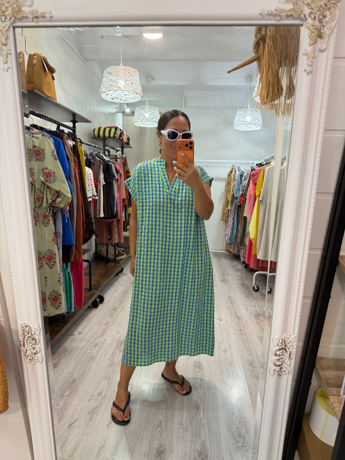 Kaftan Vichy fluor verde y azul