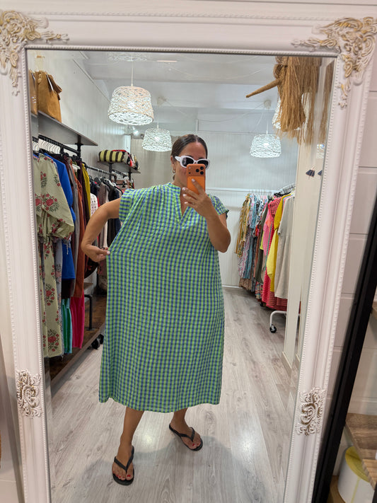 Kaftan Vichy fluor verde y azul