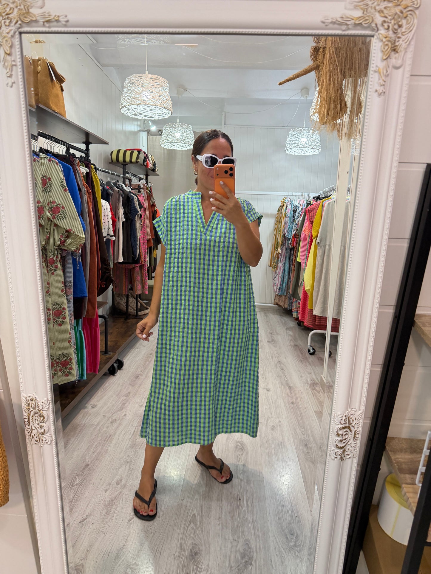 Kaftan Vichy fluor verde y azul