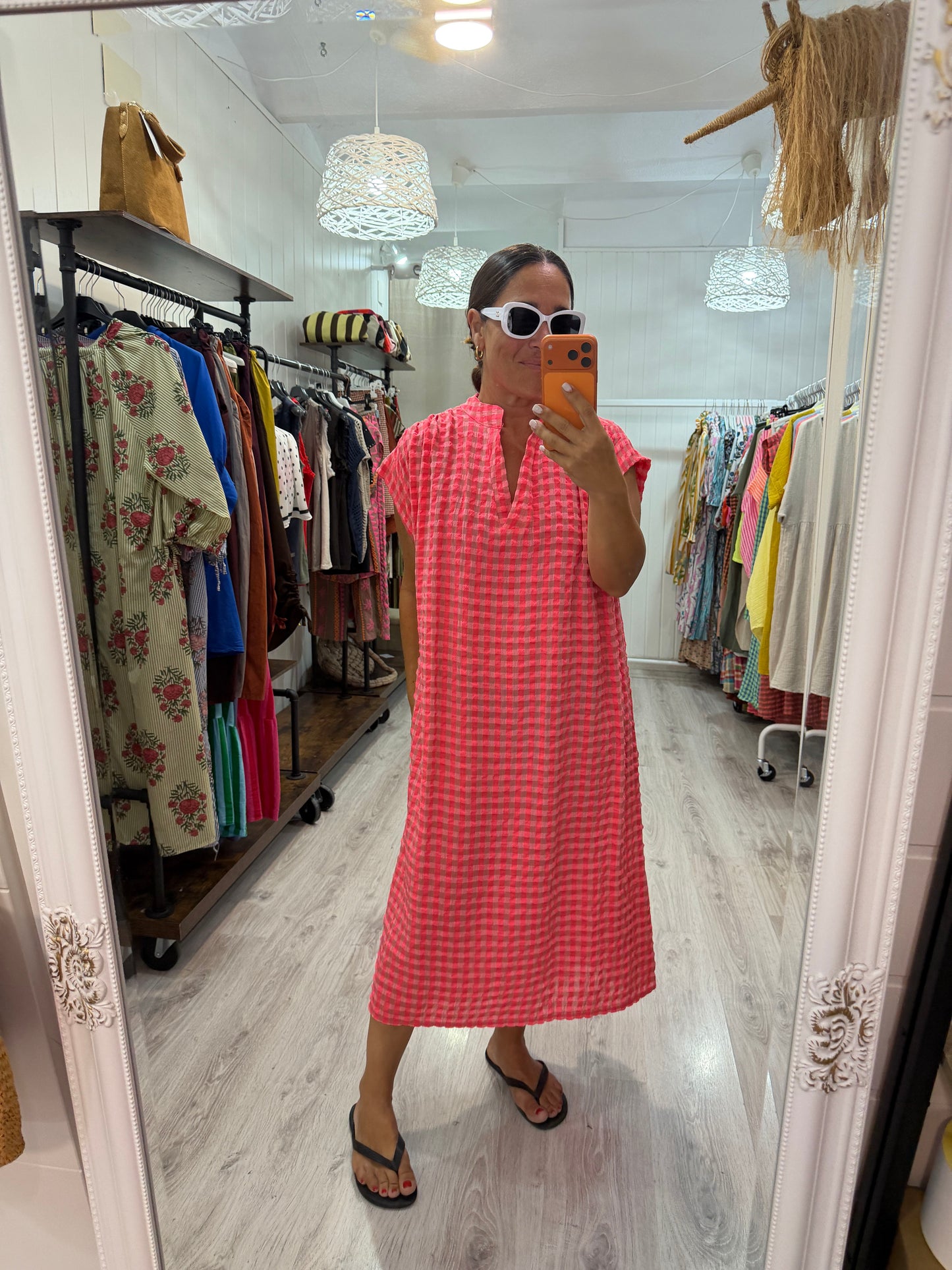Kaftan Vichy fluor fucsia y coral
