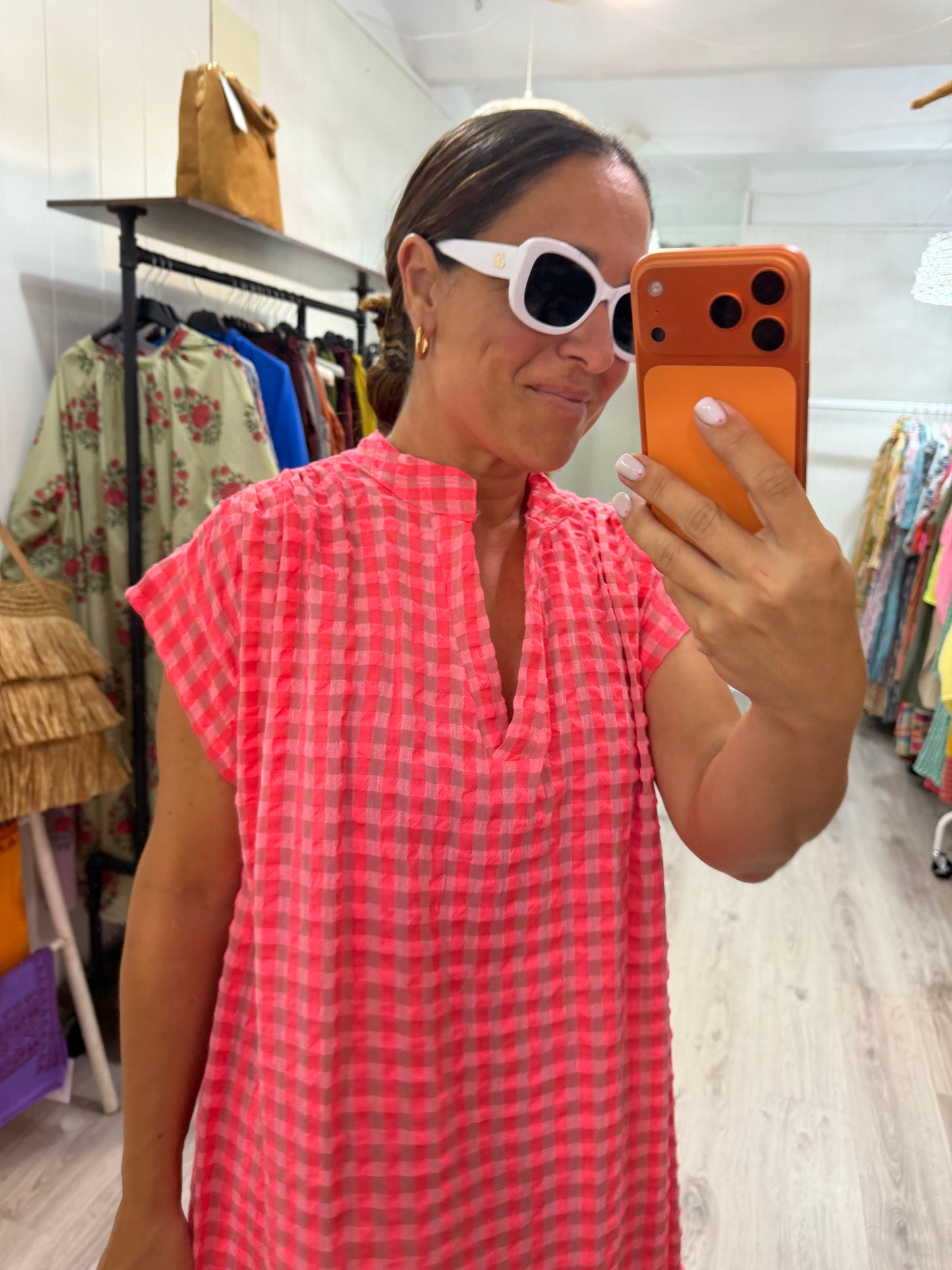 Kaftan Vichy fluor fucsia y coral