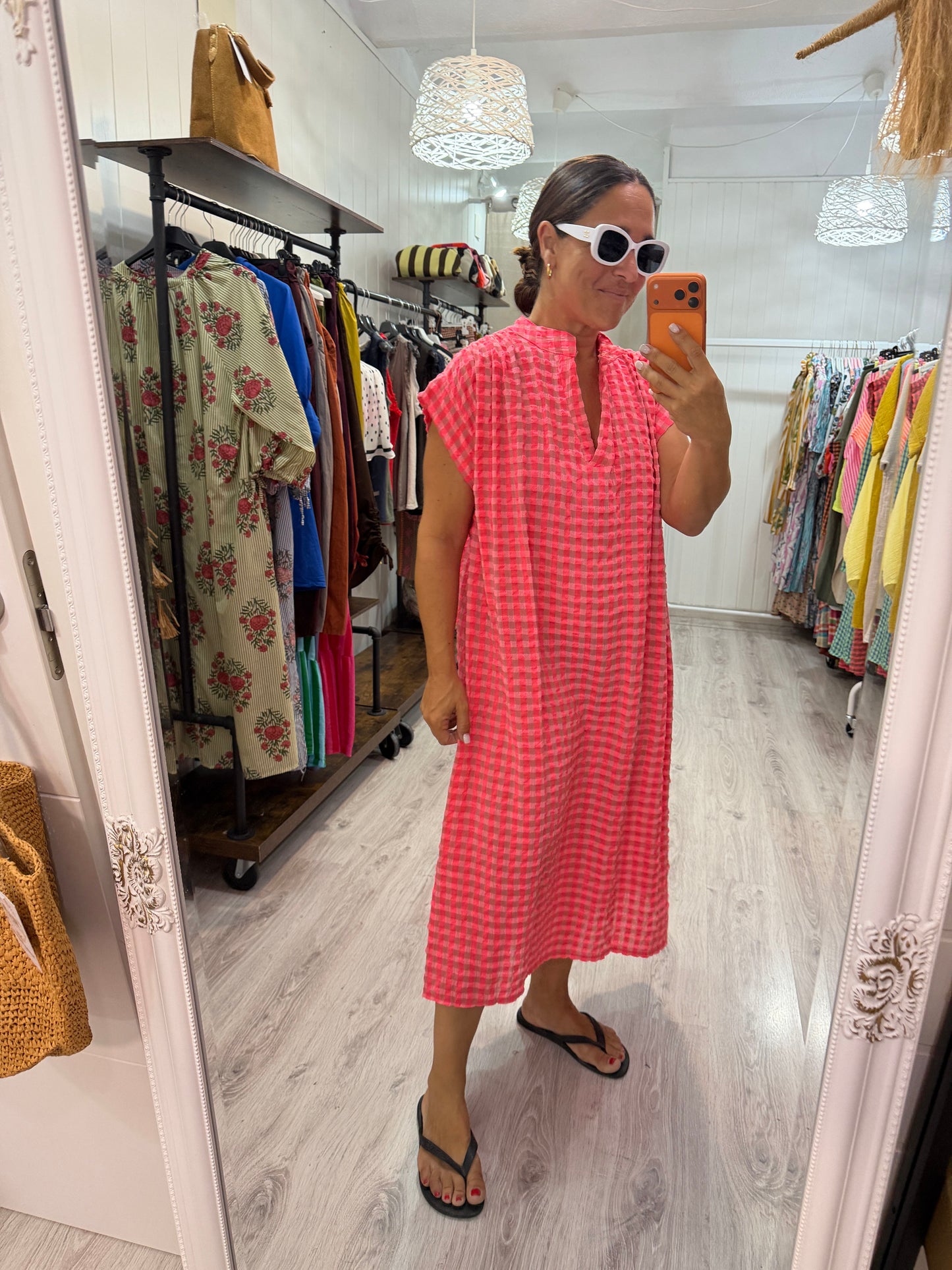 Kaftan Vichy fluor fucsia y coral