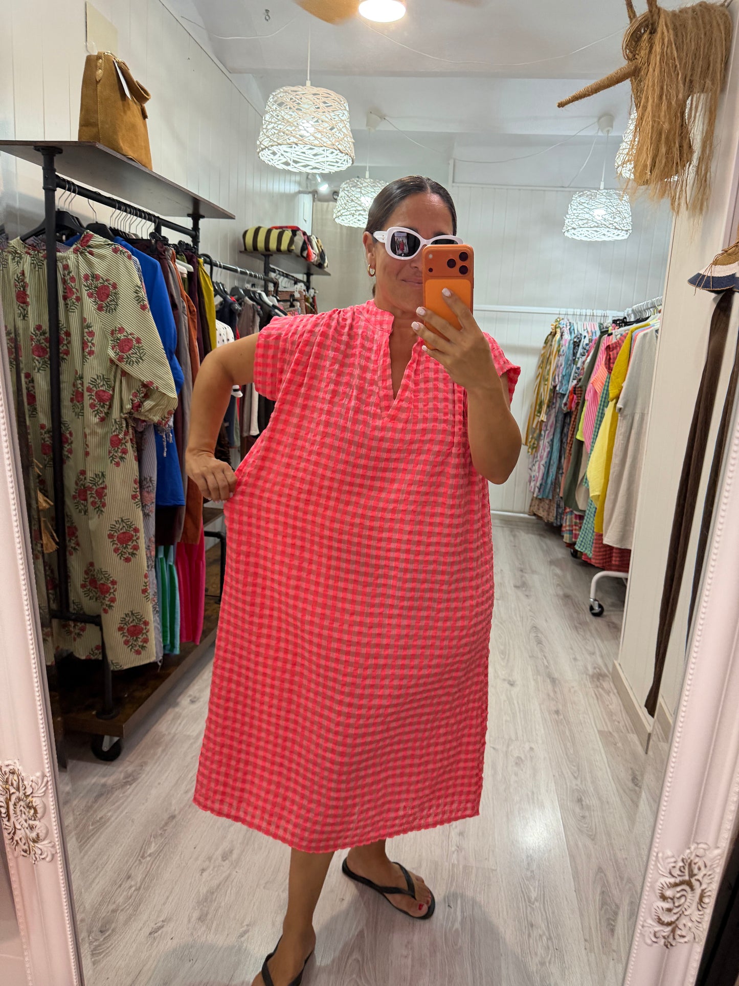 Kaftan Vichy fluor fucsia y coral