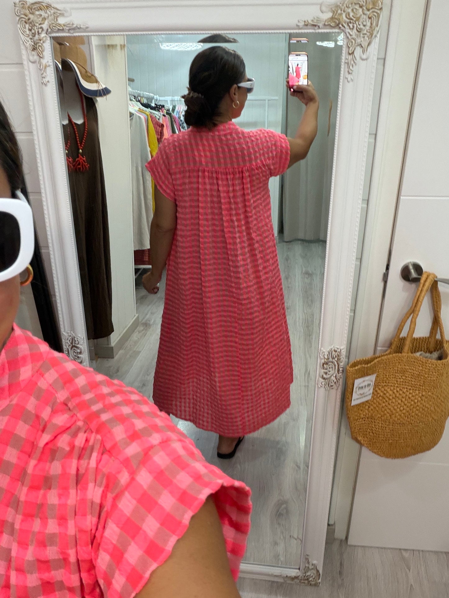 Kaftan Vichy fluor fucsia y coral