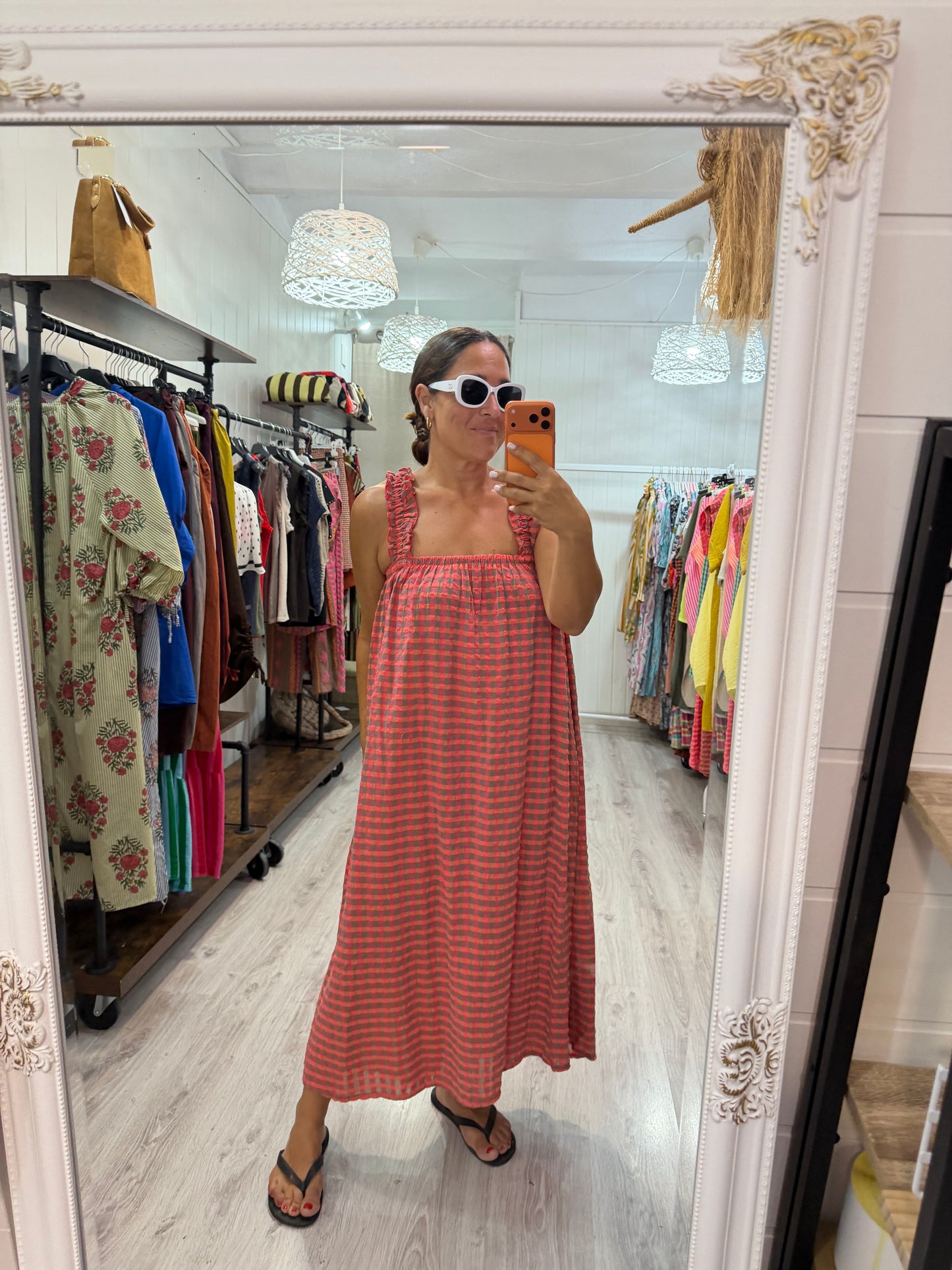 Vestido Lazo espalda Vichy fluor coral y taupe