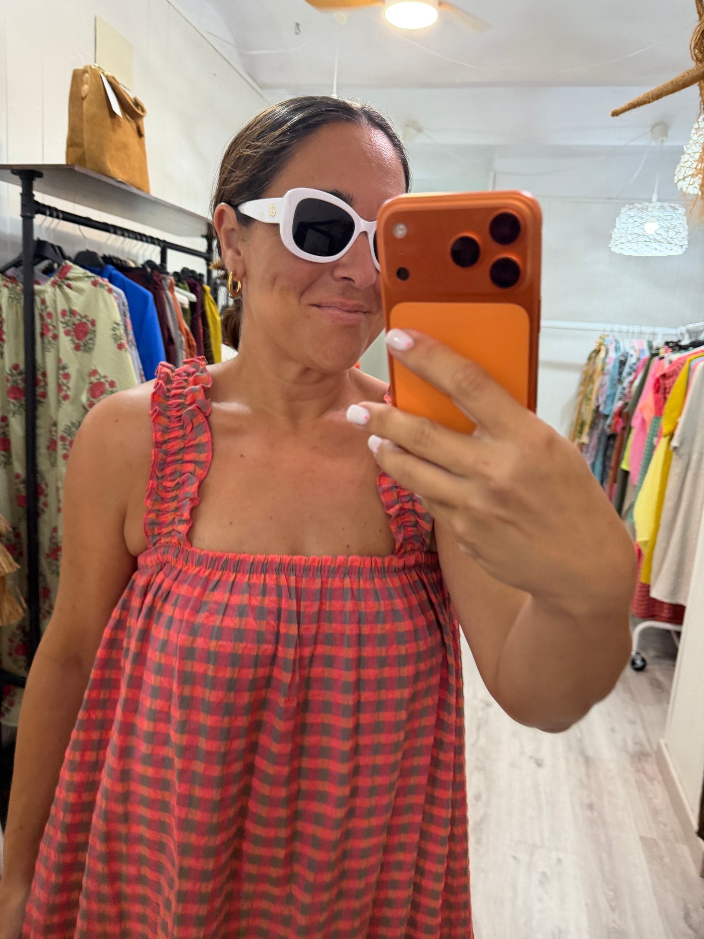 Vestido Lazo espalda Vichy fluor coral y taupe