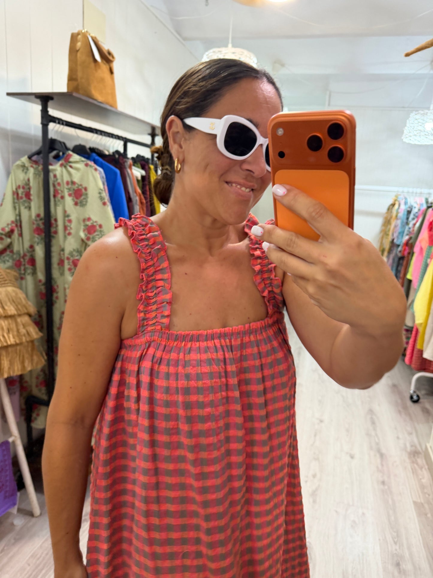 Vestido Lazo espalda Vichy fluor coral y taupe
