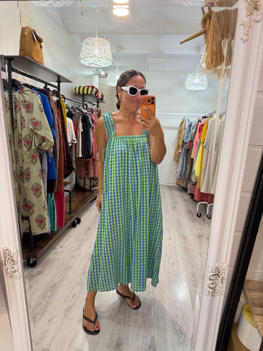 Vestido Lazo espalda Vichy fluor azul y verde