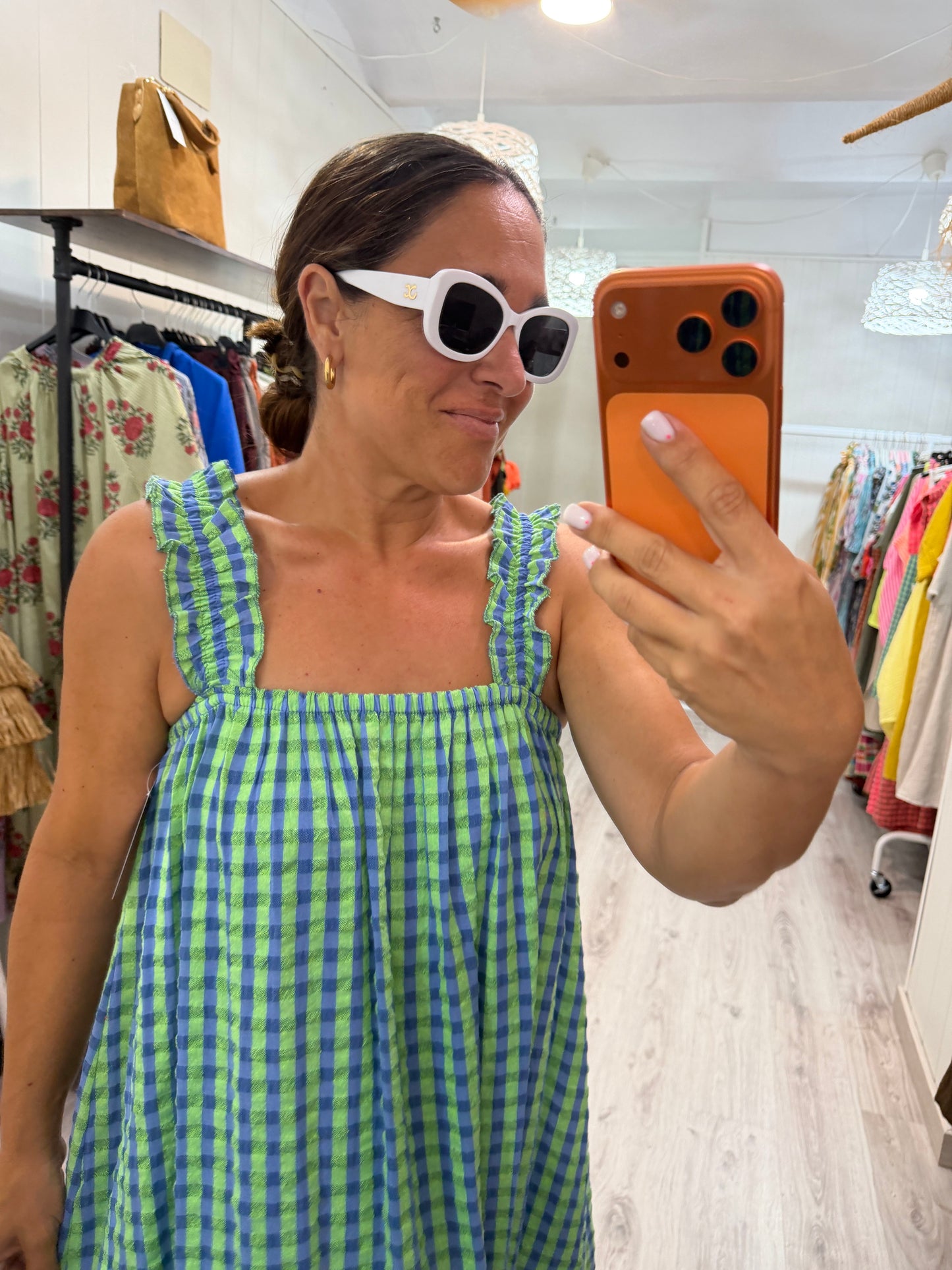 Vestido Lazo espalda Vichy fluor azul y verde