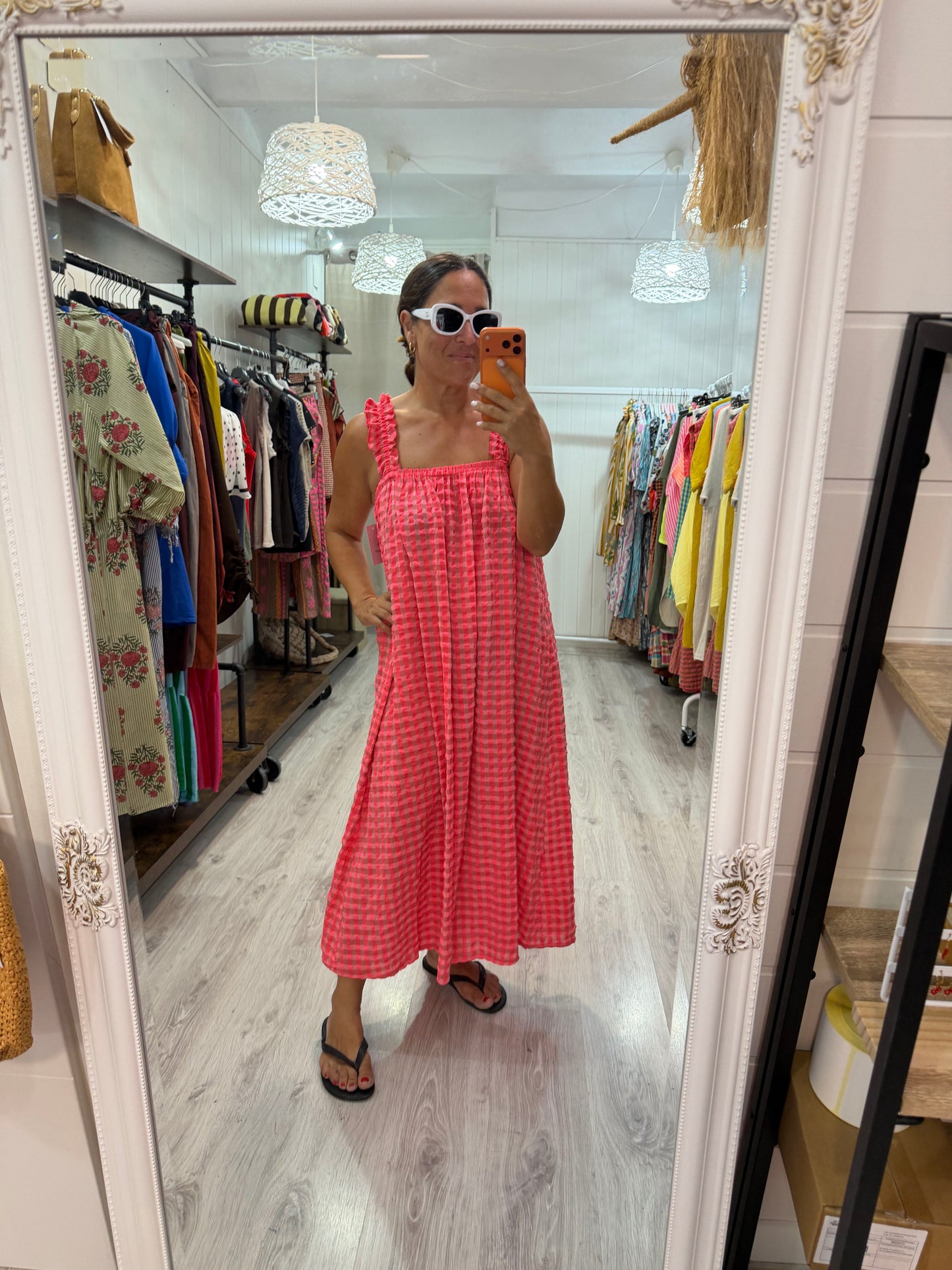 Vestido Lazo espalda Vichy fluor fucsia y coral