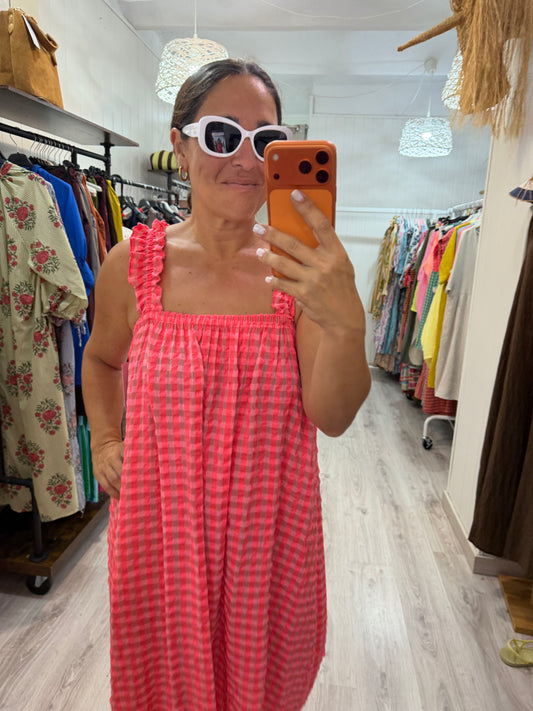 Vestido Lazo espalda Vichy fluor fucsia y coral