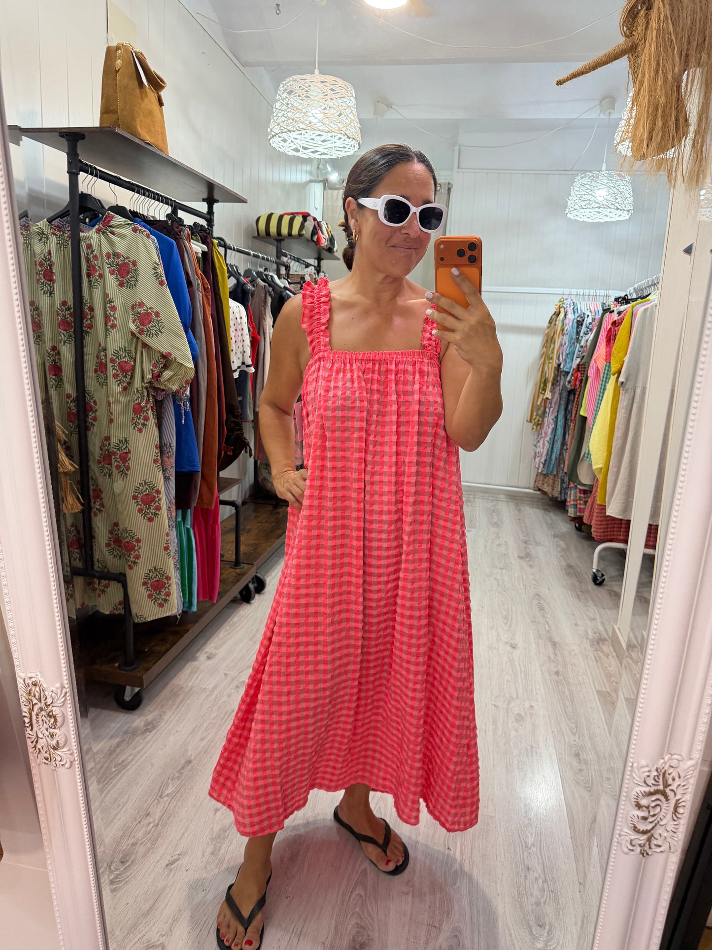 Vestido Lazo espalda Vichy fluor fucsia y coral