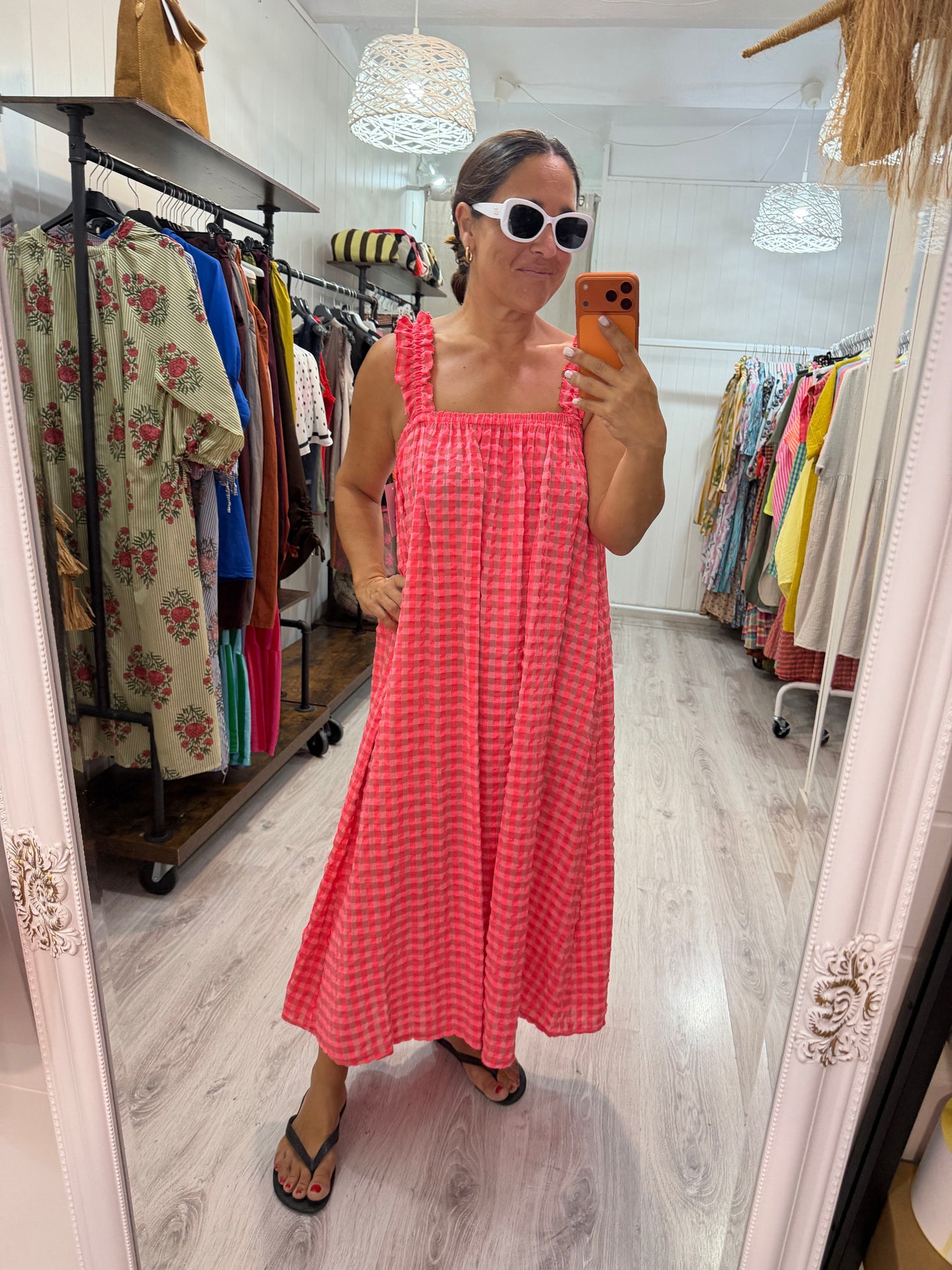 Vestido Lazo espalda Vichy fluor fucsia y coral