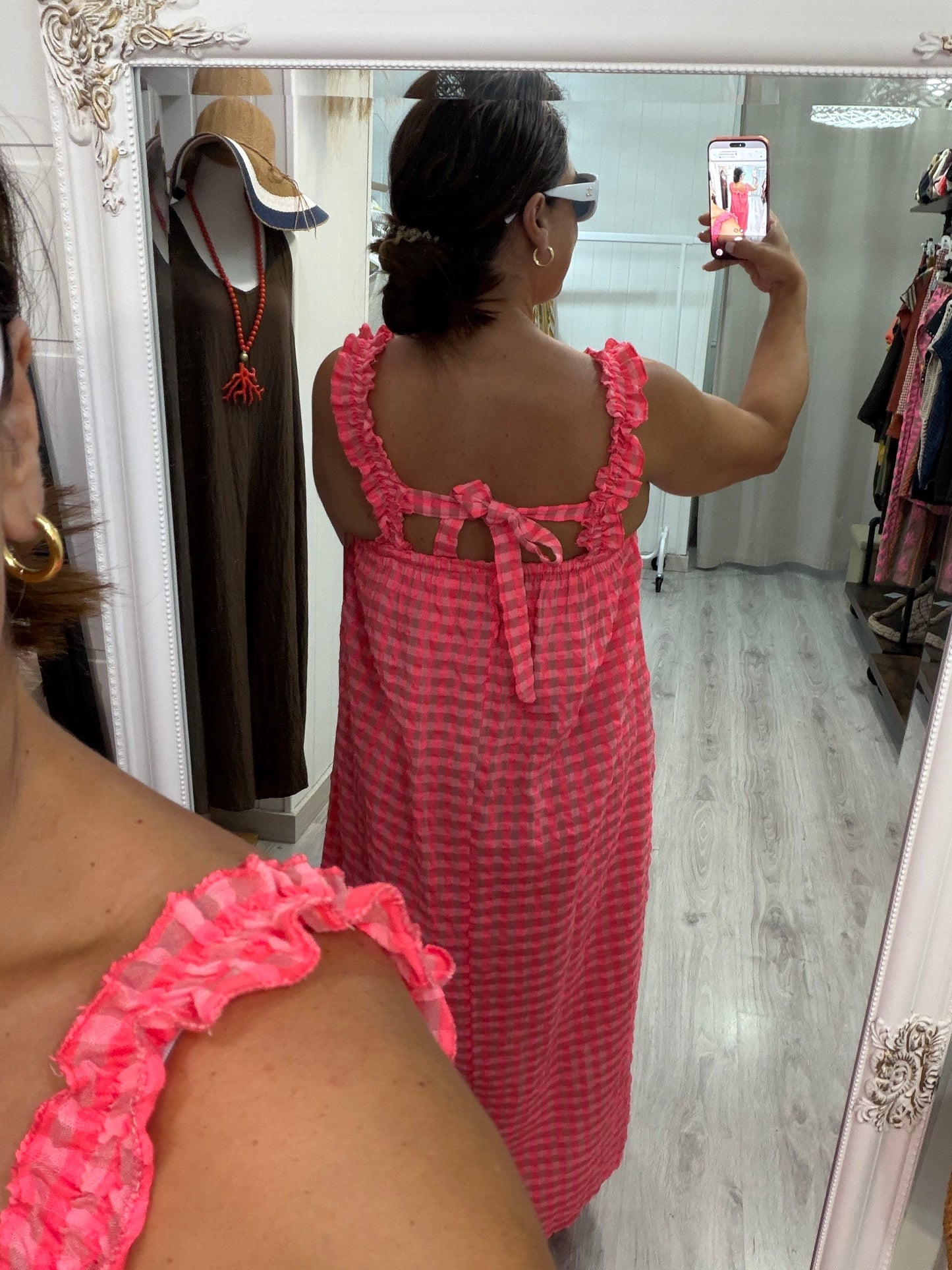 Vestido Lazo espalda Vichy fluor fucsia y coral