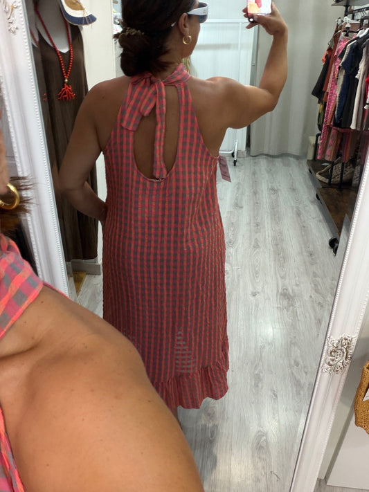Vestido Cuello halter vichy fluor taupe y coral